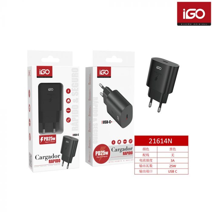 CARGADOR RÁPIDO PD 1 TIPO-C 3A 25W NEGRO