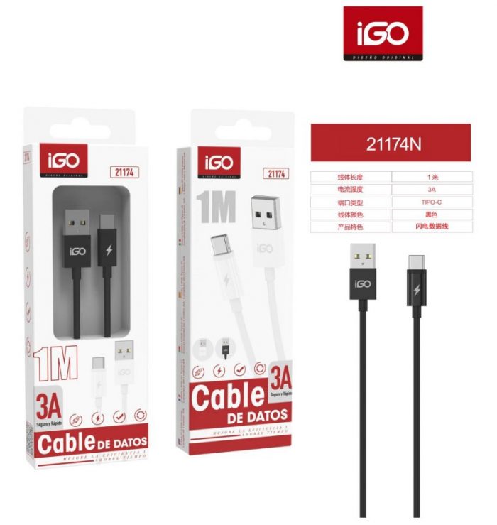 CABLE RÁPIDA TIPO-C USB 3A 1M NEGRO