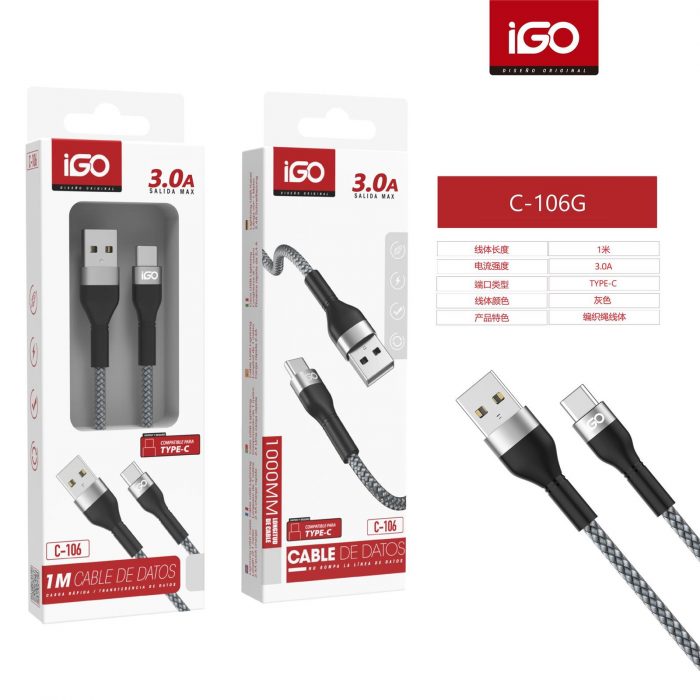 CABLE TIPO-C USB NYLON TRENZADO 2.4A 1M GRIS
