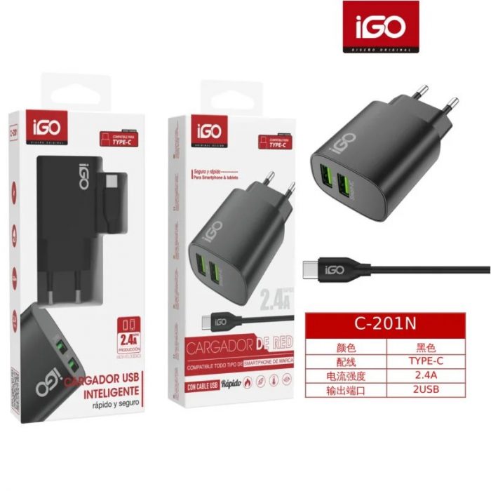 CARGADOR 2USB 2.4A CON CABLE TIPO-C NEGRO