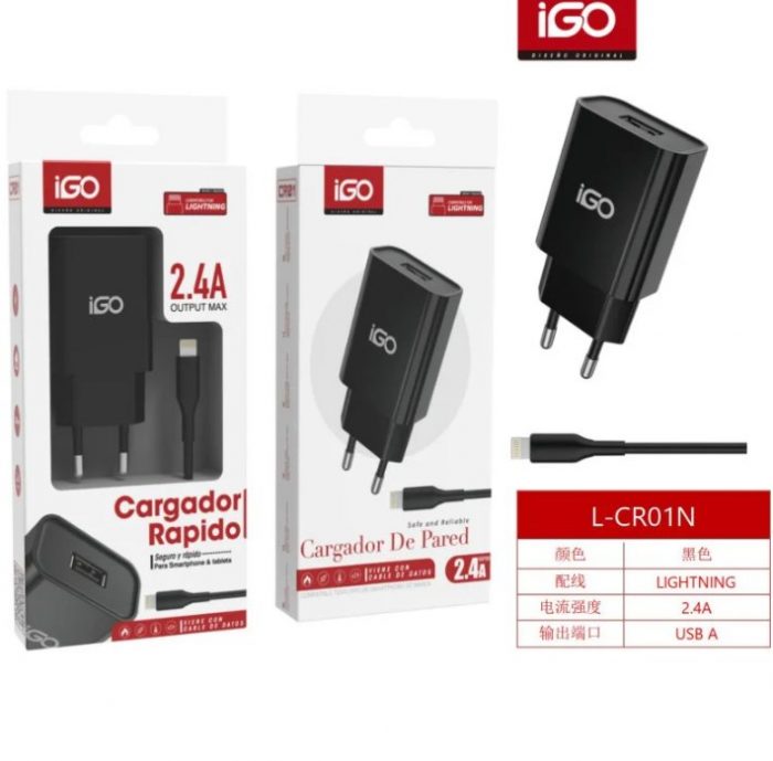 CARGADOR CON CABLE LIGHTNING 2.4A NEGRO