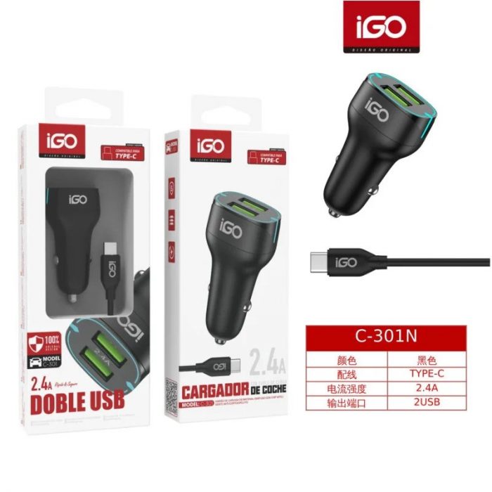 CARGADOR DE COCHE 2.4A 2USB CON CABLE TIPO-C NEGRO