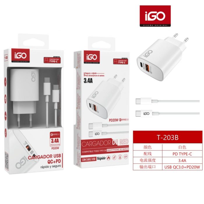 CARGADOR QC3.0+PD 20W CON CABLE TIPO C-C 3.4A BLANCO