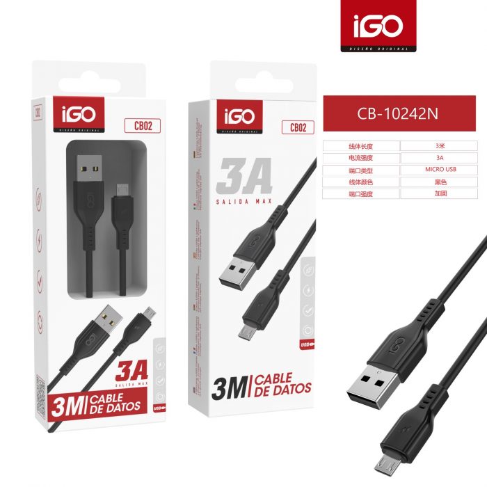 CABLE MICRO USB 3A 3M NEGRO