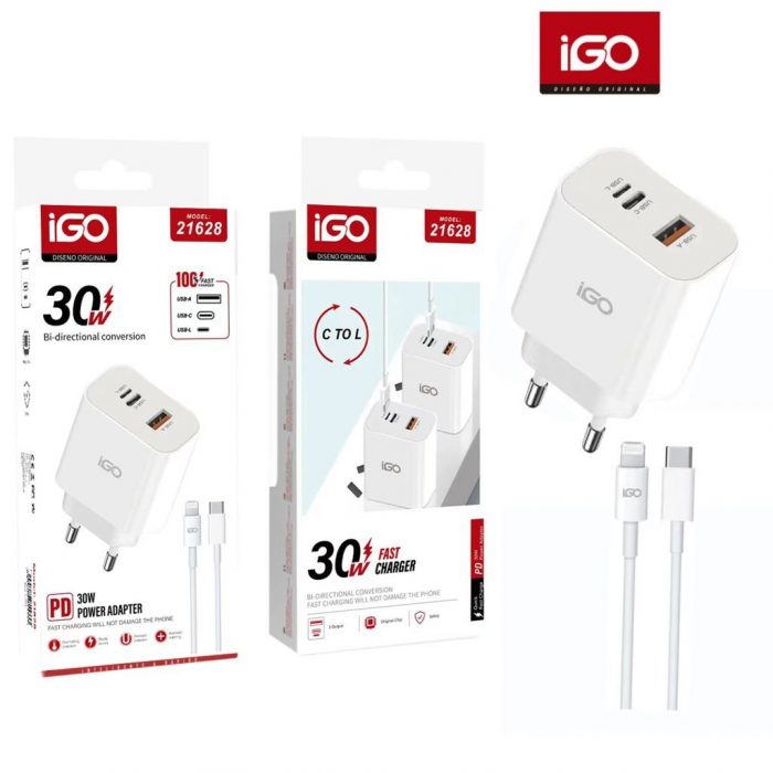 CARGADOR 30W CON CABLE LIGHTNING TO TIPO-C BLANCO