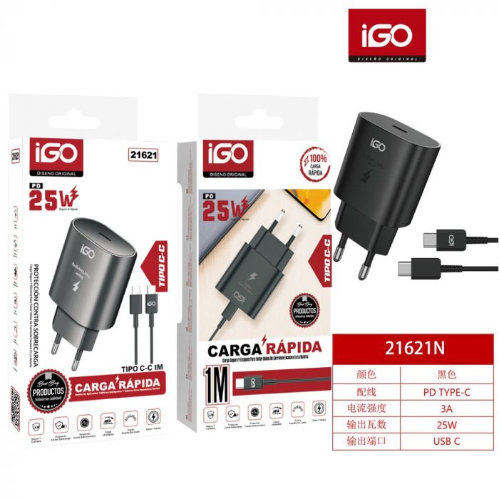 CARGADOR RÁPIDO PD 1 TIPO-C 3A 25W CON CABLE TIPO-C