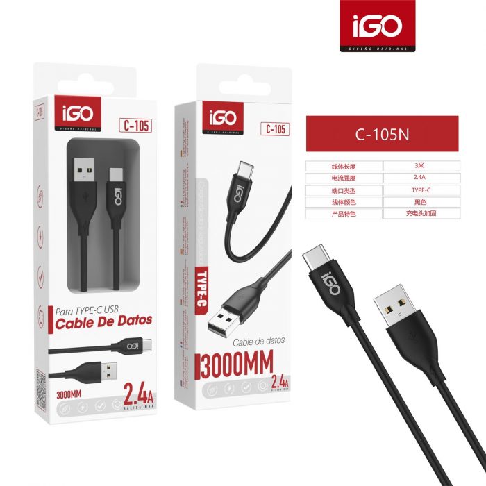 CABLE BáSICA TYPE-C USB 2.4A 3M NEGRO
