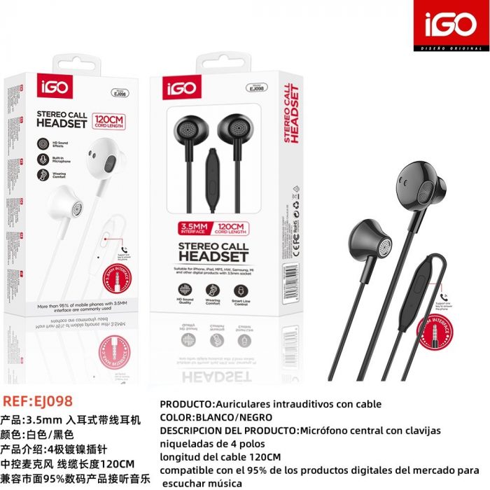 AURICULARES 3.5MM 1.2M NEGRO EJ098