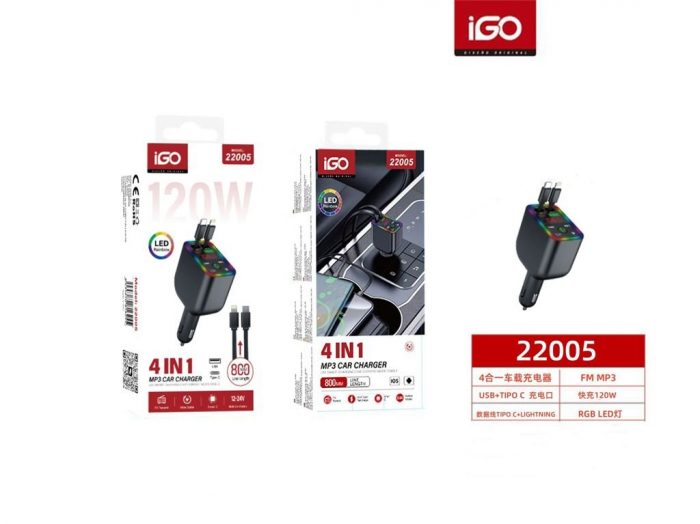 CARGADOR PARA COCHE 4 EN 1 CON CABLE LIGHTING+TYPE C 120W 0.8M