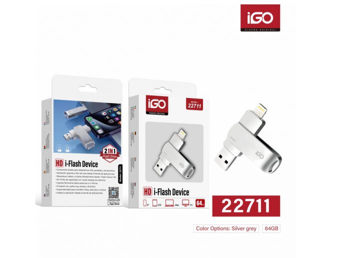 MEMORIA FLASH 2 EN 1 64GB USB3.0/IP PLATA