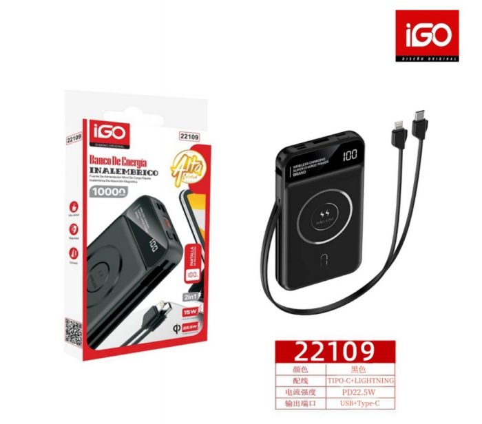 POWER BANK  MAGSAFE 10000MHA PD22.5W CON CABLE LIGHTNING+TIPO-C