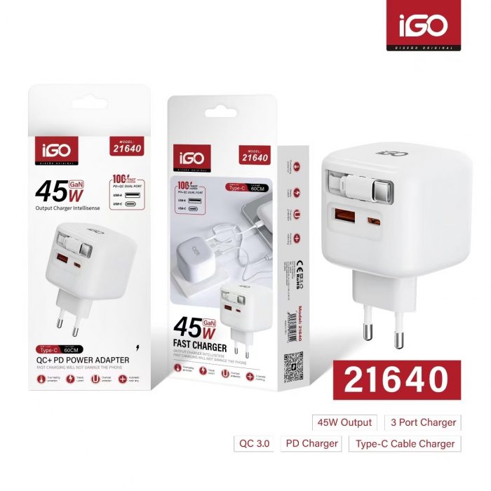 CARGADOR QC3.0+PD 45W CON CABLE TIPO-C 0.6M BLANCO