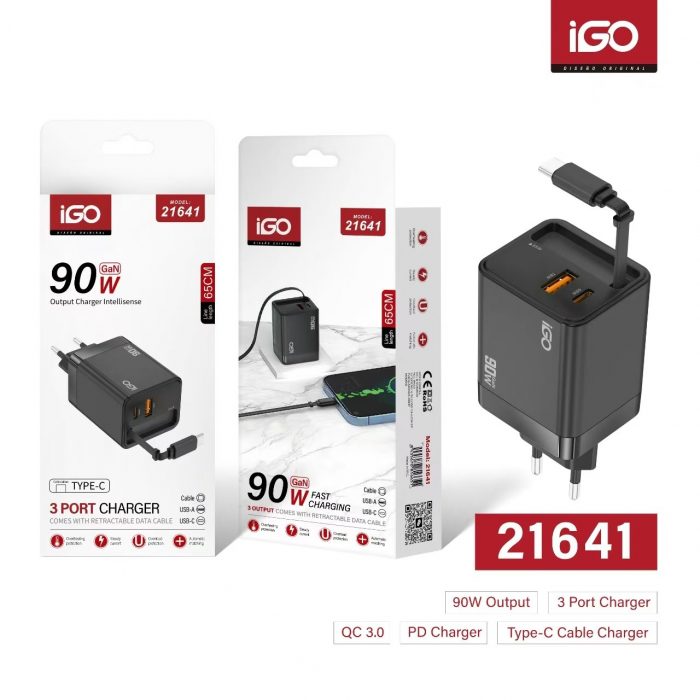 CARGADOR RÁPIDO MULTIFUNCIÓN 90W CON CABLE TIPO-C RETRÁCTIL 0.65M NEGRO