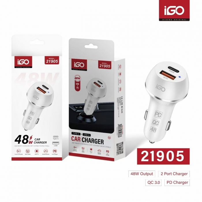CARGADOR RÁPIDO DE COCHE QC3.0+PD 48W BLANCO