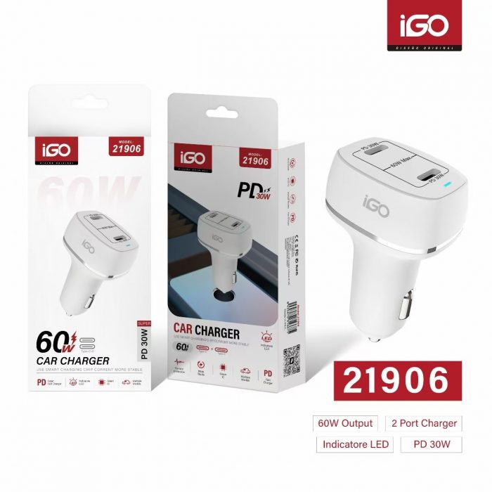 CARGADOR RÁPIDO DE COCHE 2PD 60W LED BLANCO
