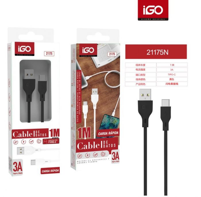 CABLE RÁPIDA TIPO-C USB 3A 1M NEGRO