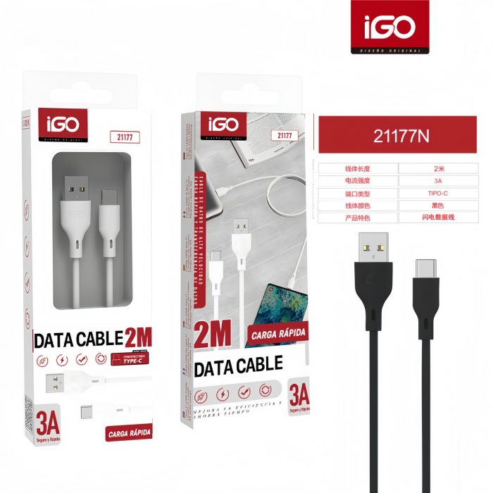 CABLE RÁPIDA TIPO-C USB 3A 2M NEGRO