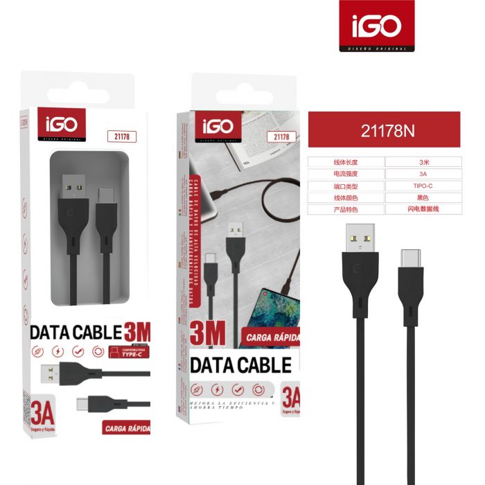 CABLE RÁPIDA TIPO-C USB 3A 3M NEGRO