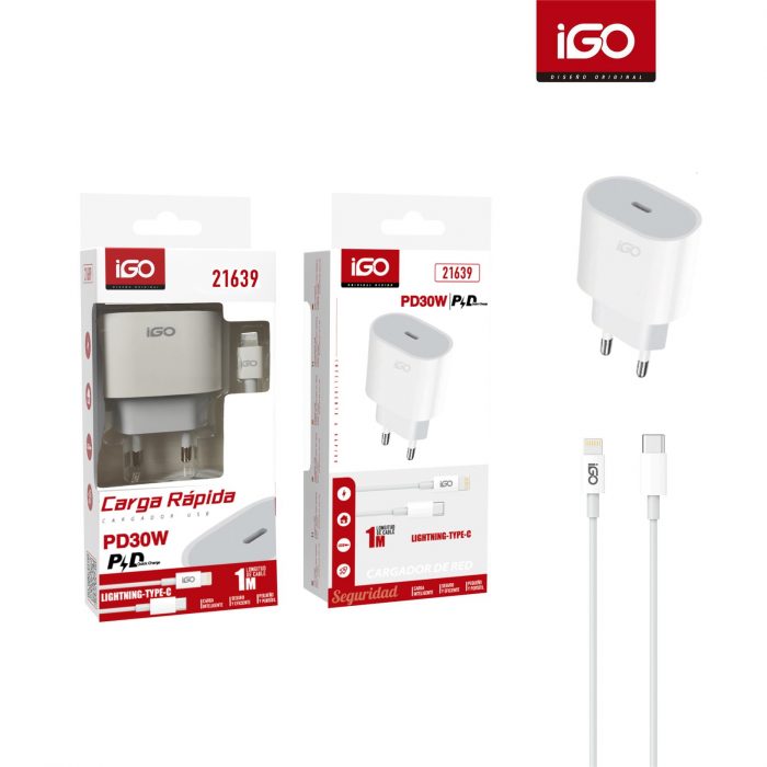 CARGADOR PD30W CON CABLE LIGHTNING A TIPO-C BLANCO