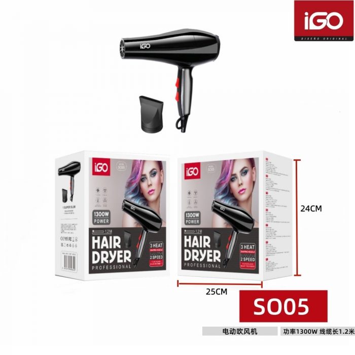 SECADOR DE PELO DOMESTICO 1300W CABLE 1.2M NEGRO SO05