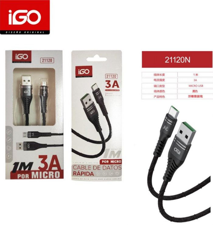 CABLE RÁPIDA MICRO USB EN RELIEVE 3A 1M NEGRO 21120 N