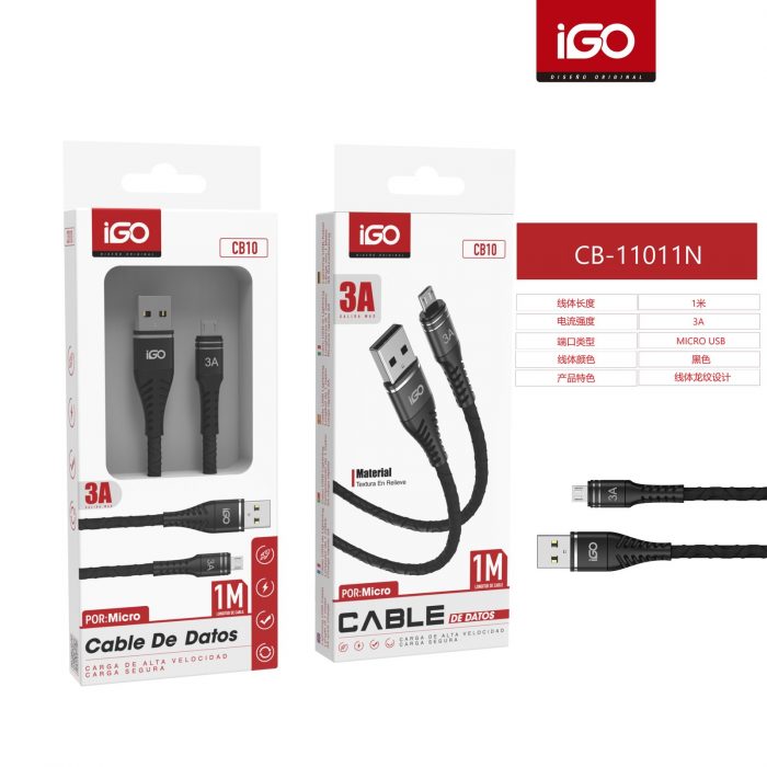 CABLE RÁPIDA MICRO USB EN RELIEVE 3A 1M NEGRO CB-11011