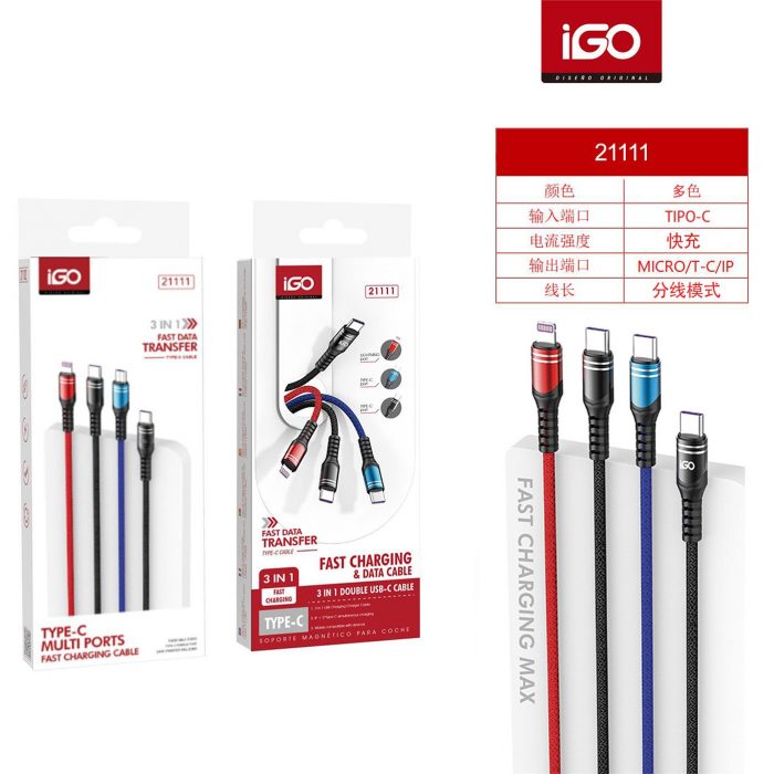 CABLE RÁPIDA 3 EN 1 TIPO-C A MICRO/TIPO-C/LIGHTNING