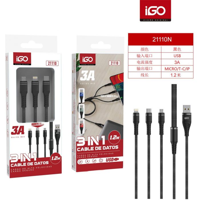 CABLE NYLON TRENZADO 3 EN 1 (3A/5A/3A) 1.2M NEGRO