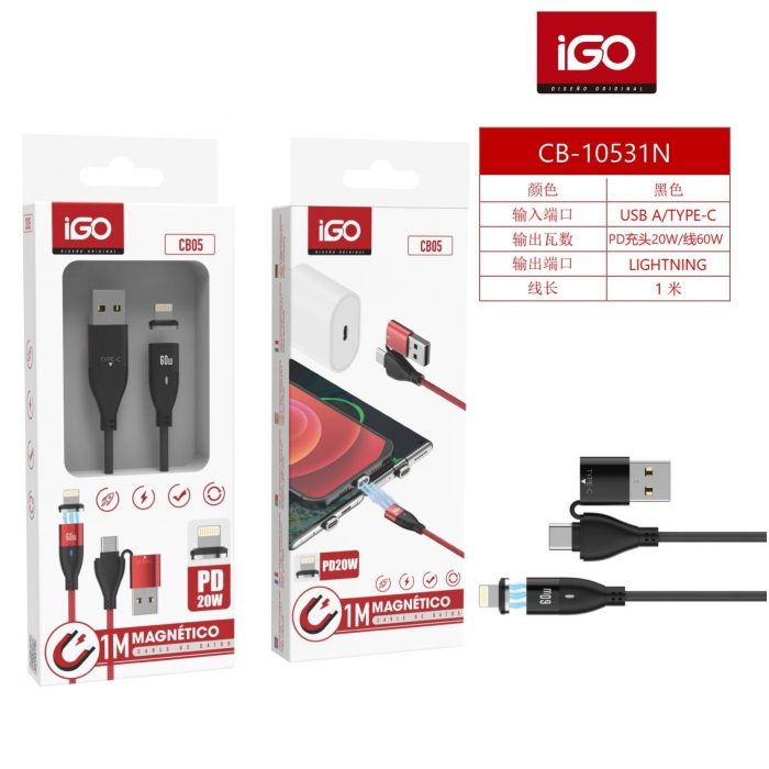 CABLE PD MAGNETICO LIGHTNING USB/TIPO-C 20W 1M NEGRO