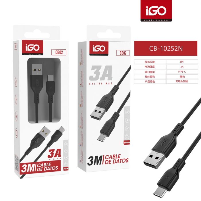 CABLE TIPO-C USB 3A 3M NEGRO