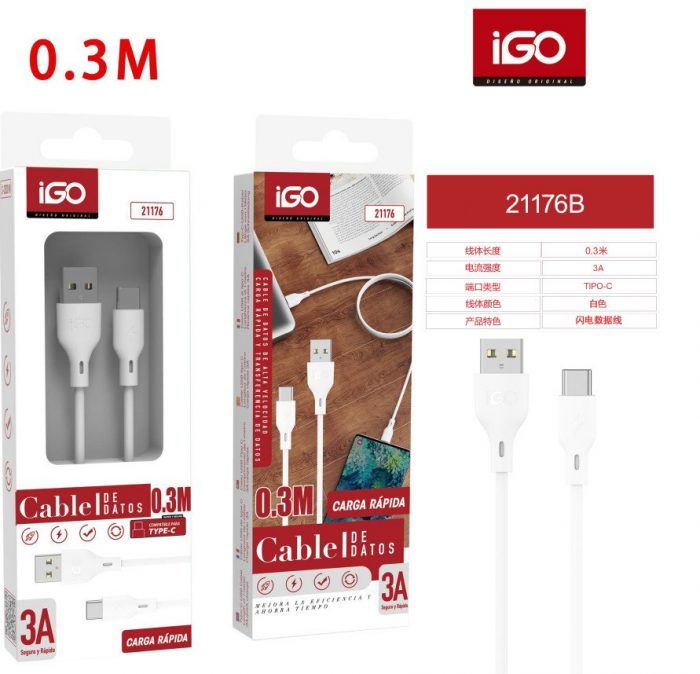 CABLE RÁPIDA TIPO-C USB 3A 0.3M BLANCO