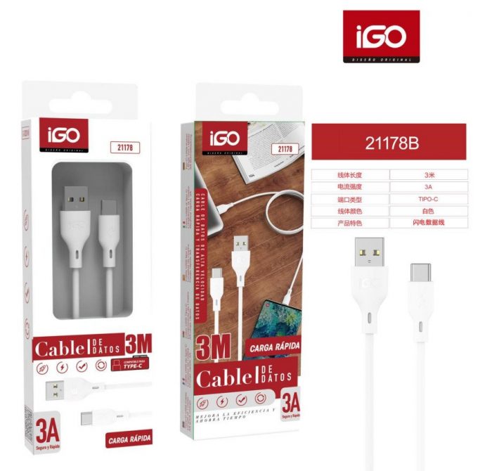 CABLE RÁPIDA TIPO-C USB 3A 3M BLANCO