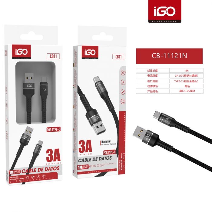 CABLE RÁPIDA TIPO-C USB NYLON TRENZADO 3A 1M NEGRO