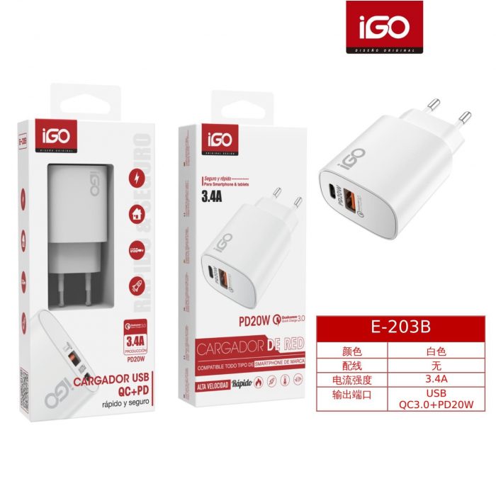 CARGADOR RÁPIDO QC3.0/PD 20W 3.4A BLANCO