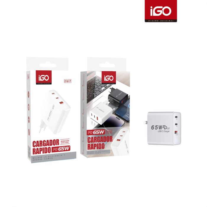 CARGADOR RAPID0 PD 65W TIPO-C*2+QC3.0  BLANCO