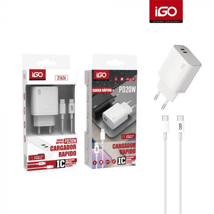 CARGADOR RAPID0 CON CABLE PD 20W TIPO-C*2  BLANCO