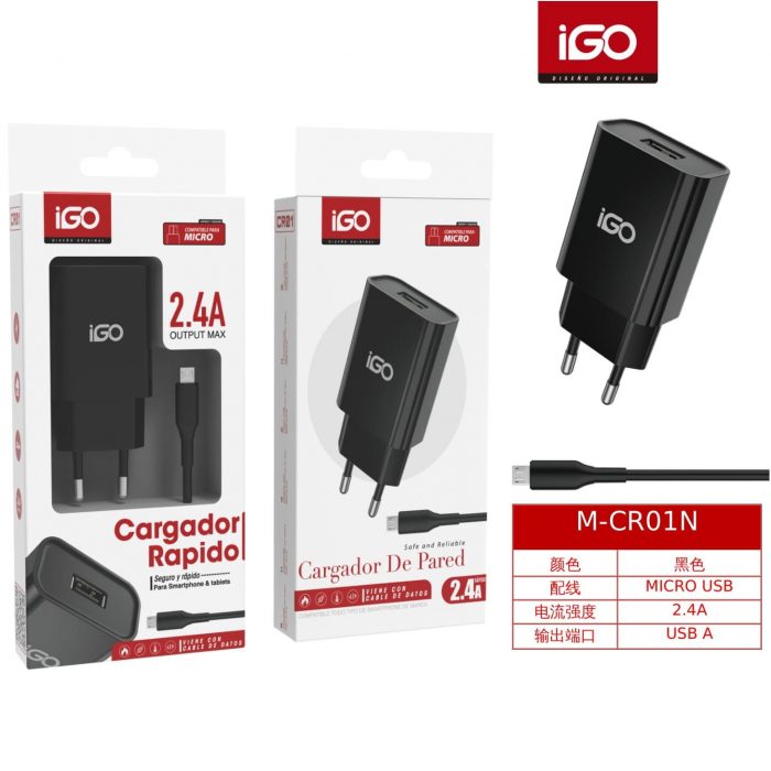 CARGADOR 1 USB CON CABLE MICRO 2.4A NEGRO M-CR01N