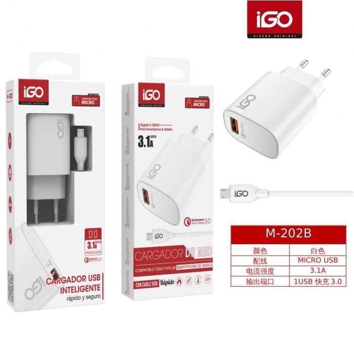 CARGADOR RÁPIDO CON CABLE MICRO QC3.0 3.1A BLANCO M-202B