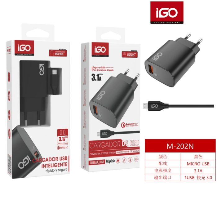 CARGADOR RÁPIDO CON CABLE MICRO QC3.0 3.1A NEGRO M-202N