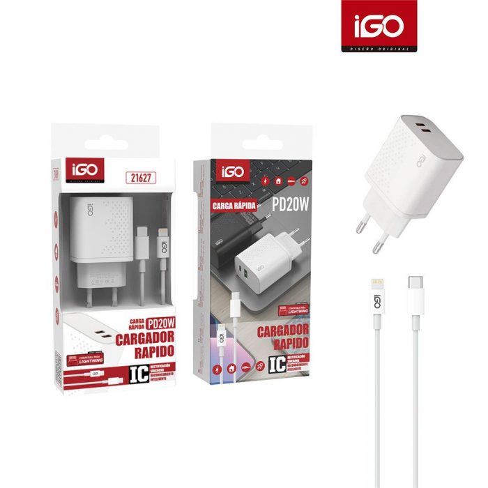 CARGADOR RÁPIDO CON CABLE LIGHTNING 2PD 20W BLANCO