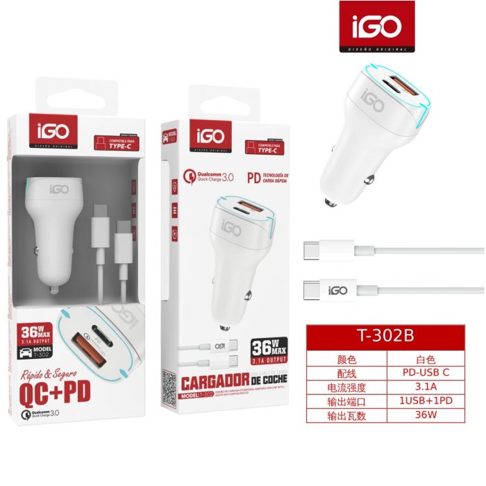 CARGADOR DE COCHE USB+PD 3.1A 36W CON CABLE TIPO-C BLANCO T-302B