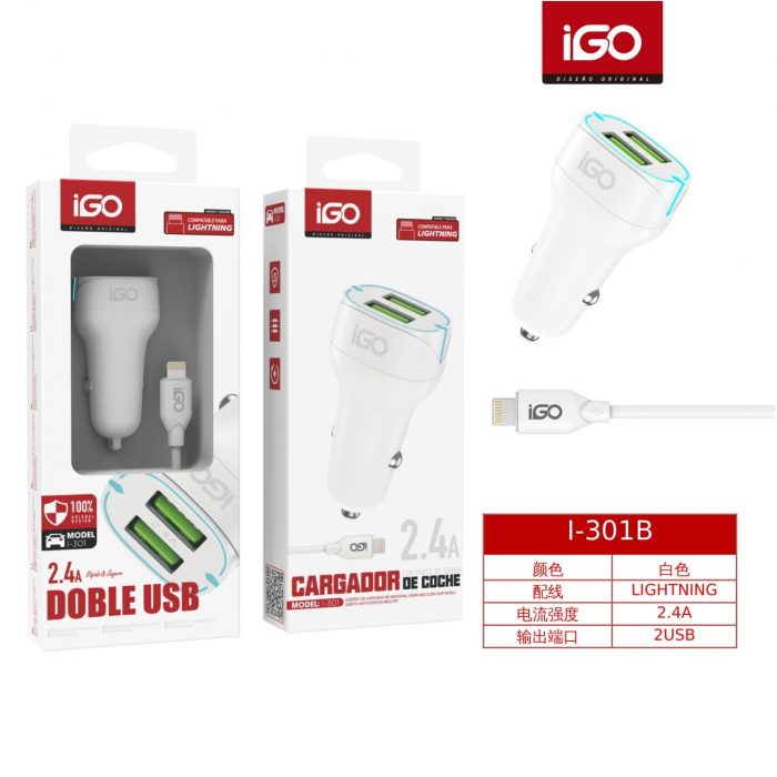 CARGADOR DE COCHE 2USB CON CABLE LIGHTNING 2.4A