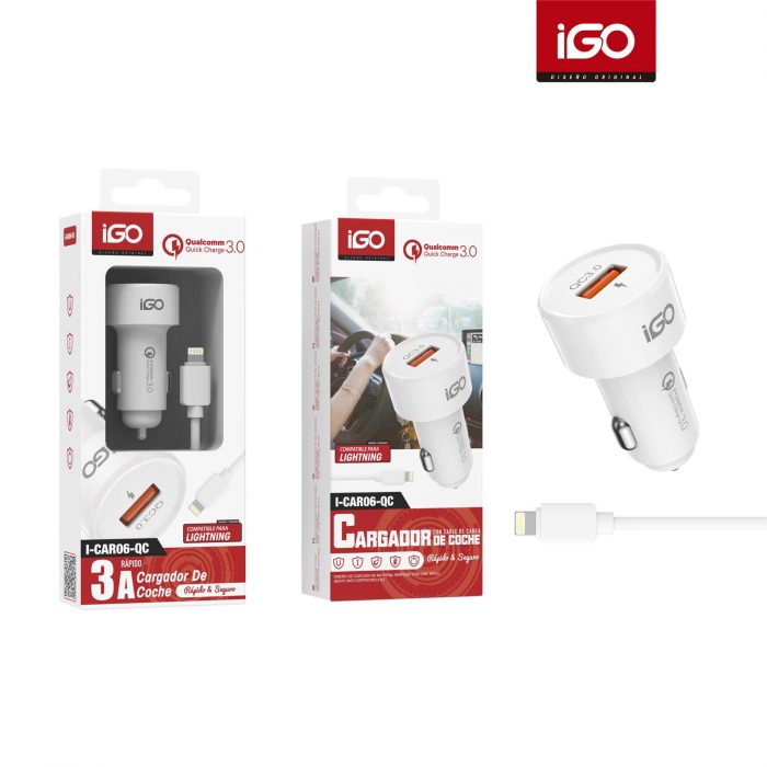 CARGADOR DE COCHE QC3.0 1USB CON CABLE LIGHTNING BLANCO I-CAR06-QC B
