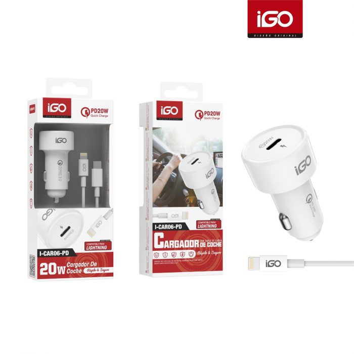 CARGADOR DE COCHE PD20W CON CABLE LIGHTNING BLANCO I-CAR06-PD