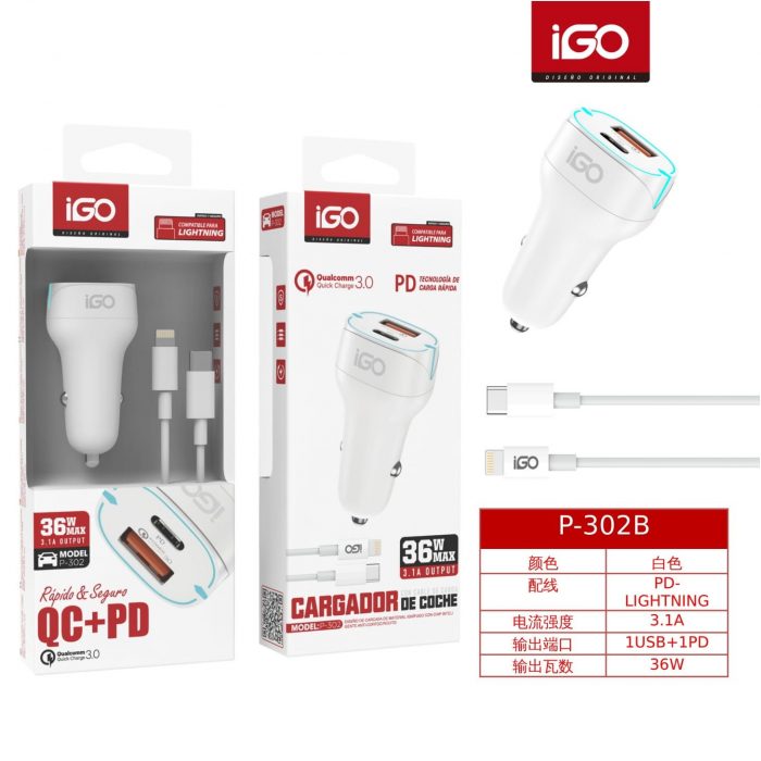 CARGADOR DE COCHE USB+PD 3.1A 362 CON CABLE PARA LIGHTNING BLANCO P-302B