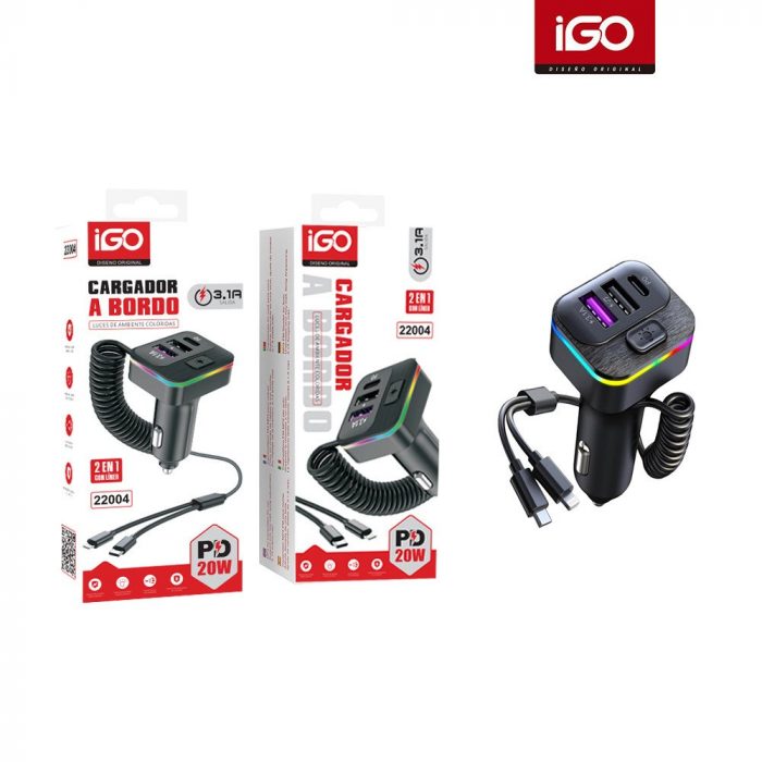 CARGADOR DE COCHE 2USB+1PD CON CABLE LIGHTNING+TYPE-C 3.1A PD20W