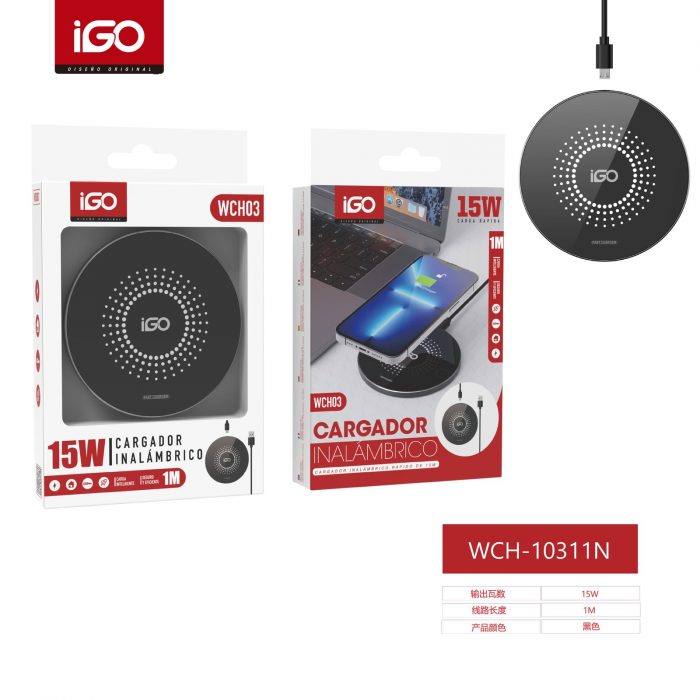 CARGADOR RÁPIDO INALAMBRICO 15W 1M NEGRO WCH-10311N