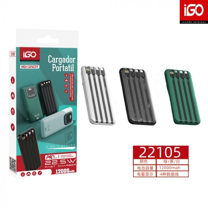 CARGADOR PORTÁTIL 22.5W 12000MAH 2USB 1TIPO-C 1 MICRO CON 4 CABLE
