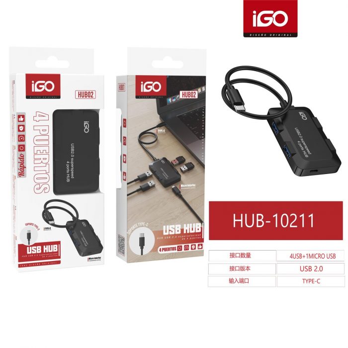 USB HUB 2.0 DE 4 PUERTOS CON ENCHUFE T-C