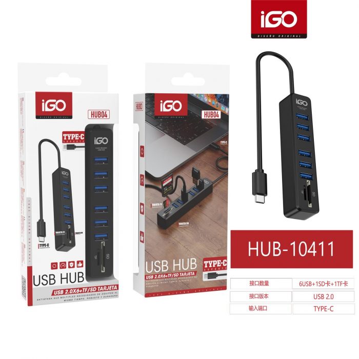 USB HUB 2.0 DE 6 PUERTOS + TF/SD CARD CON ENCHUFE T-C